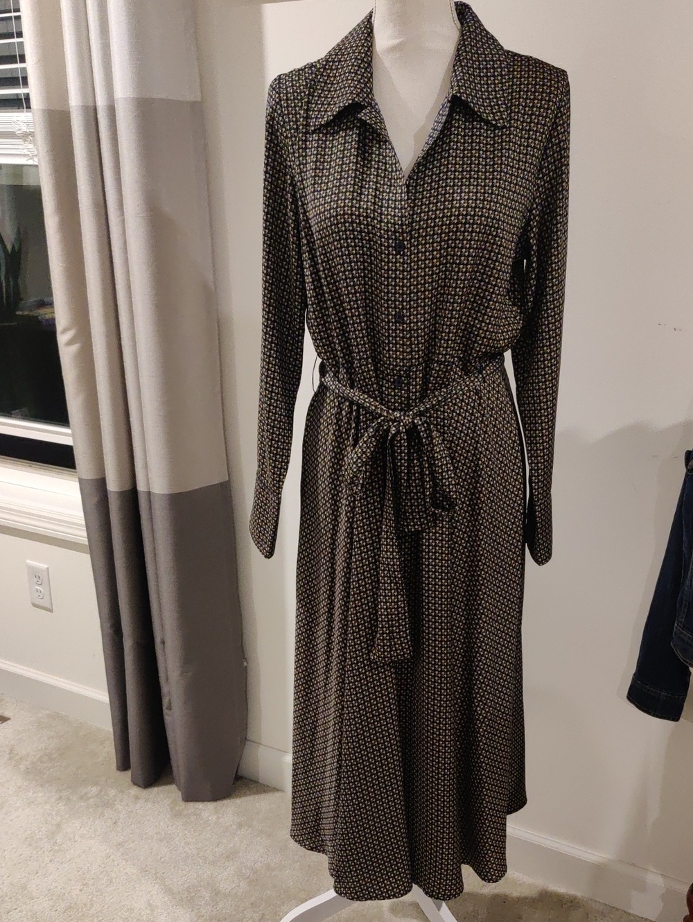 Banana Republic Brown Printed Long-Sleeve Shirt Dress Tie Waist Y2K Cottagecore